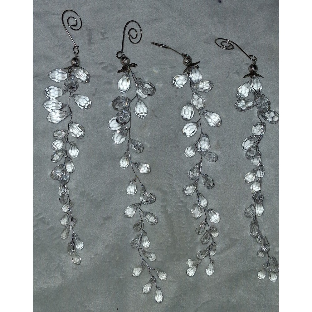 Set of 4 Crystal Beaded Icicle Drop Christmas Ornaments 8" Clear